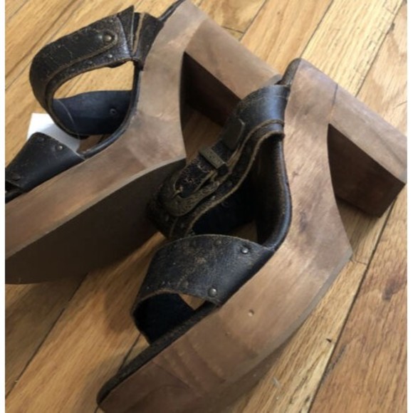 Sbicca Vintage Collection Western Distressed Leather Wood Platform Sandals 10 - Picture 5 of 6